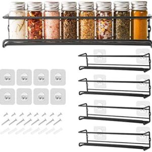 GEEDIAR Spice Racks Organiser - 4 Tier Hanging Stainless Steel Spice Racks Wall Mounted with Adhensive Stickder & Screws - Kitchen & Pantry Shelf for Spices and Condiments, Spice Jars (Black)