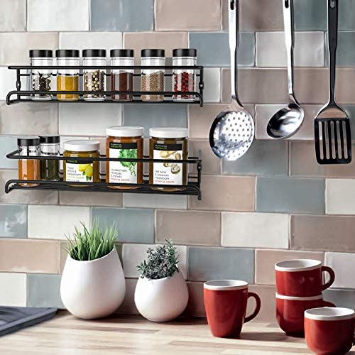 GEEDIAR Spice Racks Organiser - 4 Tier Hanging Stainless Steel Spice Racks Wall Mounted with Adhensive Stickder & Screws - Kitchen & Pantry Shelf for Spices and Condiments, Spice Jars (Black) - Image 7
