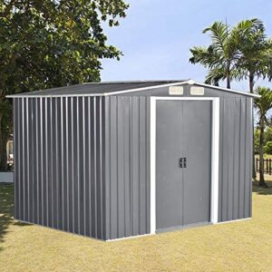 Panana 8 x 10 ft Corrugated Metal Garden Storage Shed w/ Sliding Door Sloped Roof - Grey