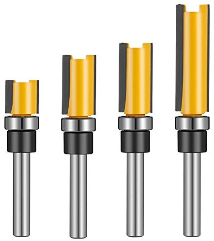 4 Pcs 1/4 Inch Shank Flush Trim Pattern Bit Set, Straight Flush Trim Tools with Bearing Template Router Cutter Professional Wood Top Woodworking Milling Tools