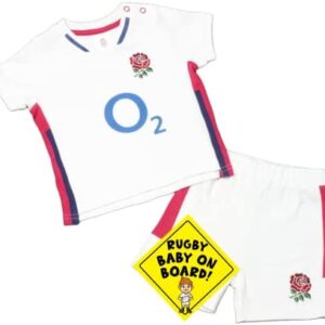 England Rugby Baby Toddler T-Shirt & Shorts Set - 2021/22 Kit Design - With Baby on Board Sign Sticker