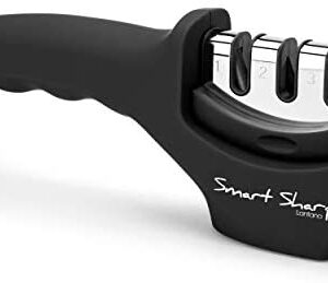 Lantana Smart Sharp Knife Sharpener - Professional 3 Stage Manual Sharpener for Sharpening Kitchen Knives - Ceramic Stone, Tungsten Carbide Plates, Diamond rods. Ergonomic Design, Black/Chrome Finish