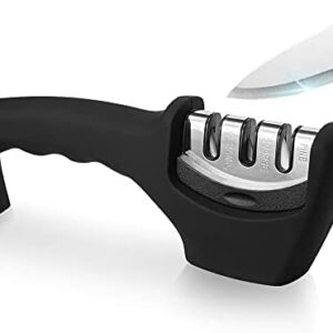 Ooputo Kitchen Knife Sharpener - Professional 3 Stage Manual Sharpeners - Ergonomic Handle and Non-Slip Base - Safe Sharpening Tool - Easily Honing Knives in a Breeze, Black.