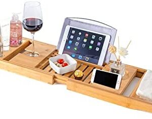 E-SMARTER Bath Tray, Luxury Bath Caddy, Extendable Bath Trays, Elegant Bath Caddy Tray with Free Soap Holder Bath Table Tray with Wine Holder, iPad Stand, Book Tablet Holder