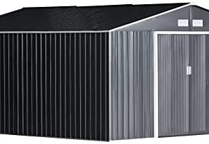 Outsunny 13 x 11ft Metal Shed Roofed Garden Shed Outdoor Storage Shed with Foundation Ventilation & Doors, Grey