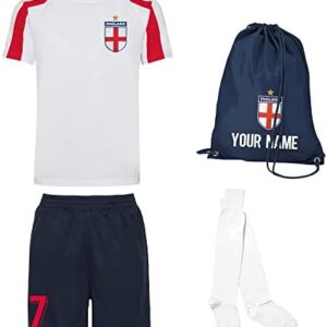 Personalised England Style Kit White and Red Football Shirt, Navy Blue Shorts, Bag and Socks for Boys and Girls Best Birthday Gift for Children Kids Playwear