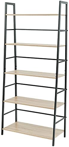 C-Hopetree 5 Tier Ladder Shelf, Corner Display Bookshelf Bookcase with Black Metal Frame