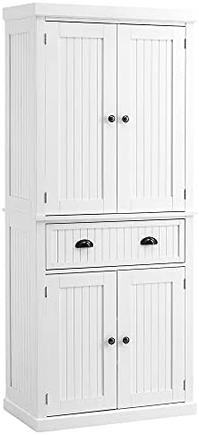 HOMCOM Traditional Kitchen Cupboard Freestanding Storage Cabinet with Drawer, Doors and Adjustable Shelves, White