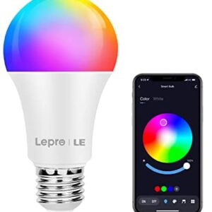 Lepro Colour Changing Light Bulb E27, Bluetooth APP Control LED Bulbs Screw, Dimmable RGB and White Light, Mood Light for Room Decor, Party and More (9W=60W, 806lm, 2700K-6500K, 16 Million Colours)
