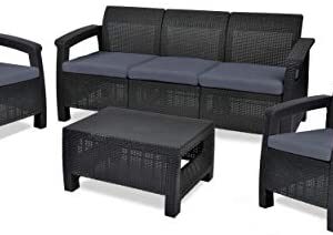 Keter Corfu Outdoor 5 Seater Rattan Sofa Furniture Set with Accent Table, Graphite with Grey