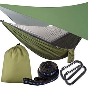 OTraki Camping Hammock with Mosquito Net and Tarp Rain Cover and Tree Straps 200kg Load Capacity 290 x 140 cm Nylon Double Hammock Lightweight for Travel Outdoor Hiking Backpacking Picnic Garden
