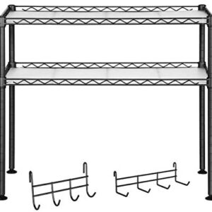 SONGMICS Microwave Oven Rack, 2-Tier Kitchen Countertop Storage Organiser Stand, with 2 Adjustable Shelves and 8 Hooks, Black LGR20BK