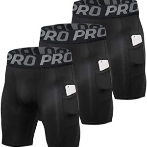 YUSHOW Compression Shorts Mens 3 Pack Sports Anti-Chafing Underwear Base Layer Shorts Quick Dry Running Shorts with Phone Pockets Cycling Tights for Workout Athletic Rugby Short Protect Leg Skin