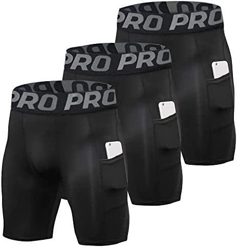 YUSHOW Compression Shorts Mens 3 Pack Sports Anti-Chafing Underwear Base Layer Shorts Quick Dry Running Shorts with Phone Pockets Cycling Tights for Workout Athletic Rugby Short Protect Leg Skin