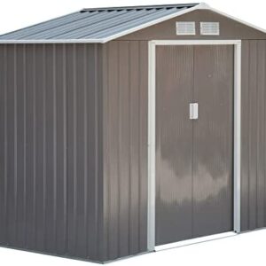 Outsunny 7ft x 4ft Lockable Garden Shed Large Patio Roofed Tool Metal Shed Storage Building Foundation Sheds Box Outdoor Furniture, Grey