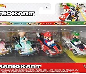 Hot Wheels GXX97 Mario Kart Vehicle 4-Pack, Fan-Favorite Characters Includes 1 Exclusive Model, Collectible Gift for Kids & Fans Ages 3 Years Old & Up, Multicolor, 5.08 cm*3.18 cm*7.62 cm