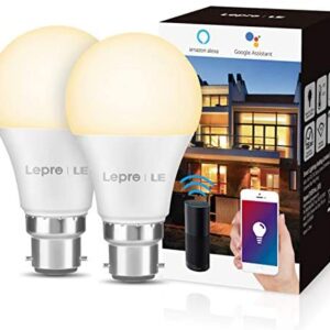 LE Smart Bulb, B22 Smart Light Bulb Bayonet, Works with Alexa and Google Home, Dimmable App and Voice Control WiFi LED Bulbs, 9W = 60W, 806lm, Warm White 2700K, No Hub Required, Pack of 2