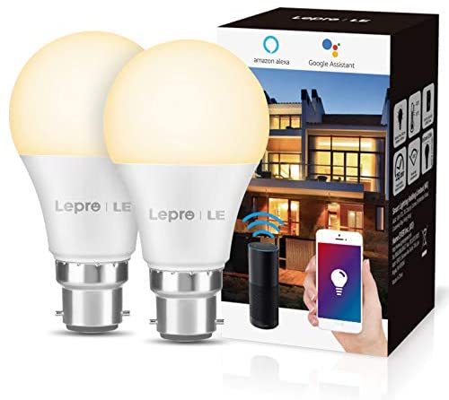 LE Smart Bulb, B22 Smart Light Bulb Bayonet, Works with Alexa and Google Home, Dimmable App and Voice Control WiFi LED Bulbs, 9W = 60W, 806lm, Warm White 2700K, No Hub Required, Pack of 2