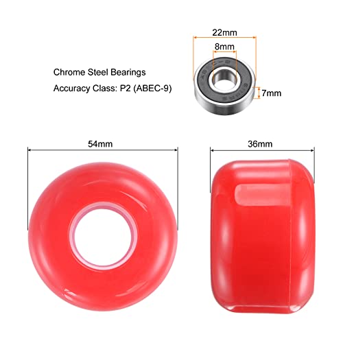 sourcing map 4pcs Skateboard Wheels 54mm OD Red with ABEC-9 Ball Bearings Spacers - Image 2