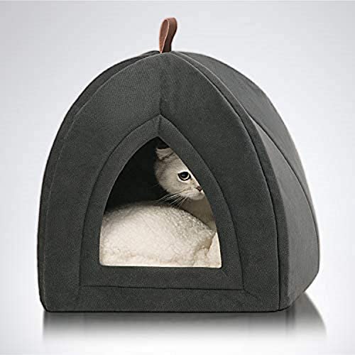 BEDSURE Cat Cave Bed Igloo - Small Cat Tent Bed House with Removable Washable Cushion Pillow Foldable Portable Pet Bed, Dark Grey, 35x35x38cm