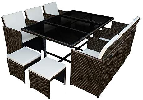 Panana Rattan Garden Furniture Set 10 Seater Dining Table and Padded Chairs Stool Outdoor Patio and Conservatory Brown
