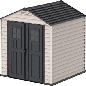 Duramax StoreMax 7 x 7 PLUS Plastic Garden Shed with Heavy-Duty Plastic Floor and Fixed Window on Doors, Strong Metal Roof Structure Fire Retardant and Maintenance-Free Storage Shed, Dark Grey/Adobe