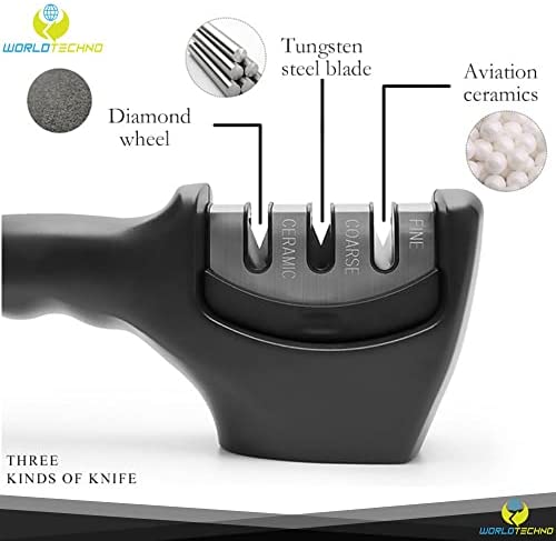 World Techno 3-Stage Knife Sharpener for Sharpening Kitchen Knives - Ergonomic Design with Strong Base Grip - Manual Knife Sharpening Tool to Repair, Restore and Polish Blades - Image 2