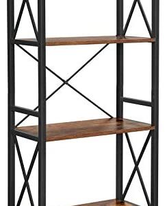 VASAGLE Bookshelf, Kitchen Shelf, Free Standing Shelf, Ladder Rack with 4 Open Shelves, for Corridor, Kitchen, Office, Stable Steel Frame, Industrial Style, Rustic Brown and Black LLS030B01