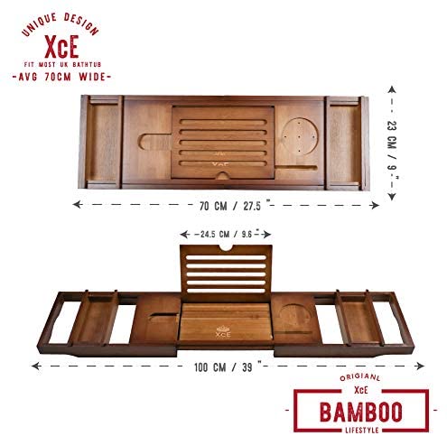 XcE Bath Caddy Tray (Brown) With Solid Bamboo book stand - Bamboo Wood Bath Tray and Bath Caddy - Image 3