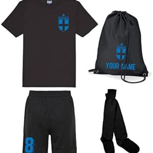 Personalised England Style Kit Jet Black Football Shirt, White Shorts, Bag and Socks for Boys and Girls Best Birthday Gift for Children Kids Playwear
