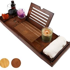 XcE Bath Caddy Tray (Brown) With Solid Bamboo book stand - Bamboo Wood Bath Tray and Bath Caddy