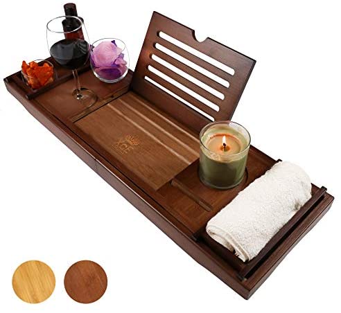 XcE Bath Caddy Tray (Brown) With Solid Bamboo book stand - Bamboo Wood Bath Tray and Bath Caddy