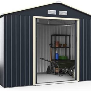 COSTWAY 4’x7’/6’x9’ Metal Storage Shed, Outdoor Lockable Tool Storage Box with 4 Vents, Double Sliding Door and Sloped Roof, Weatherproof Garden Shed House Hut (6 X 9 FT)