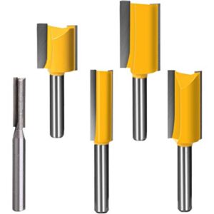 Router Bit Set 1/4 inch Straight Router Bit 5pcs Double Flute Woodworking Milling Cutter Top Bearing Trim Pattern Template Router Bit Set 1/4" 3/8" 1/2" 5/8" 3/4"