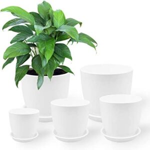 5 Pcs Plastic Plant Pots 11/14/15/18/19 cm Flower Nursery Pot Indoor Modern Decoration Plant Pots Perfect for Indoor and Outdoor with Drainage Hole and Tray for All Plants (White)