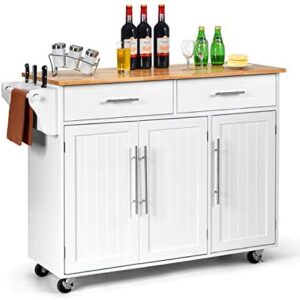 COSTWAY Kitchen Island Cart, Large Storage Trolley with 2 Drawers, 2 Cabinets, Knife Rack, 4 Lockable Wheels & Rubber Wooden Tabletop, Mobile Serving Utility Cart, 122 x 46 x 92cm (White)