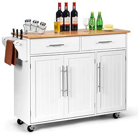 COSTWAY Kitchen Island Cart, Large Storage Trolley with 2 Drawers, 2 Cabinets, Knife Rack, 4 Lockable Wheels & Rubber Wooden Tabletop, Mobile Serving Utility Cart, 122 x 46 x 92cm (White)