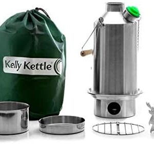 'Base Camp' Kelly Kettle® - BASIC KIT (1.6 liter SST Camping Kettle + Cook Set + Pot/Base Support) All items are Stainless Steel | Green Whistle | Camping Kettle and Wood Fueled Camp Stove in one | Ultra fast | Lightweight | NO Batteries | NO Gas | NO Fuel costs | For Camping, Fishing, Scouts, Garden Allotments, Power Shortages, etc | Weight 1.62kg / 3.56lb