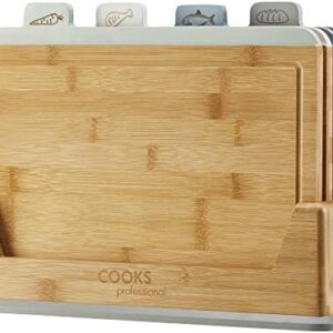 Cooks Professional Index Chopping Board Set of Four Bamboo Wooden Cutting Boards with Storage Case, Colour Coded for Fruit & Vegetables, Raw Meat, Cooked Food & Fish & Bread Board…
