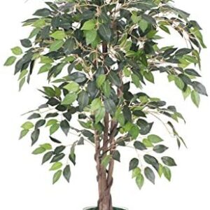 Tradala 3’ Lush Artificial Tree in White Pot - Ficus 90cm / 3ft Tall with Real Wood Trunk - For Home Living Room Indoors