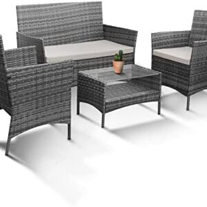 KEPLIN 4pc Rattan Garden Furniture Set – Outdoor Lounger Sofa, Chairs and Table Bistro Set for Lawn, Patio, Inside Conservatory – Easy to Store, Stackable, Ideal for Dining in the Sun (Grey)