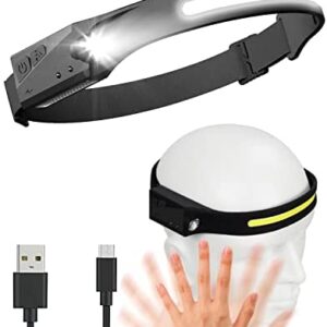 Head Torch Rechargeable –600 Lumens 230 Degree 5 Modes Motion Sensor Headlamp, Widen View LED Head Torch, Hands-Free Flashlight for Running, Fishing, Cycling, Hiking, Waterproof IPX4 Adults Kids