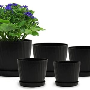 Warmplus Plastic Plant Pots, 19/17.5/16.5/15/14cm Flower Pots Indoor with Drainage Hole and Tray, Indoor Modern Decorative Planter Pot for All House Plants, Flower, Succulents, Cactus, Black