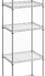 SONGMICS Wire Shelving Unit, Metal Storage Shelf, Kitchen Storage Rack, 4 Hooks, PP Sheets, Adjustable Shelves, Total Load Capacity 100 kg, for Small Spaces, Bathroom, Silver LGR115E01