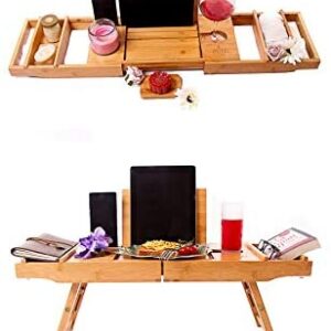Miro Wooden Bath tray and Laptop bed desk Bath caddy tray with ipad holder wine glass and book rest Extendable bath board for home spa Natural bamboo bath rack with folding legs