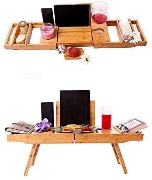 Miro Wooden Bath tray and Laptop bed desk Bath caddy tray with ipad holder wine glass and book rest Extendable bath board for home spa Natural bamboo bath rack with folding legs