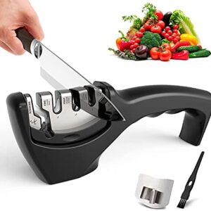 4 in 1 Knife Sharpener,Anti-Slip Design &Wear Resistance,Manual Knife Sharpener with Diamond Coated,Tungsten Steel and Ceramic Rod,Professional Kitchen Supplies