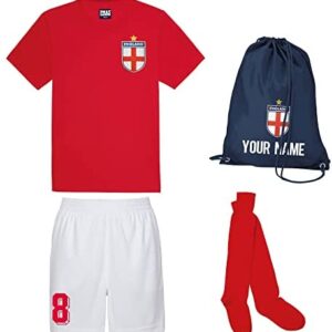 Personalised England Style Kit White and Red Football Shirt, White Shorts, Bag and Socks for Boys and Girls Best Birthday Gift for Children Kids Playwear