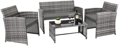 4 PCS Rattan Garden Table and Chairs, Outdoor Patio Furniture Set, with 1 x Double Sofa, 2 x Armchairs, 1 x Coffee Table, For Outdoor Lawn Poolside - Image 2