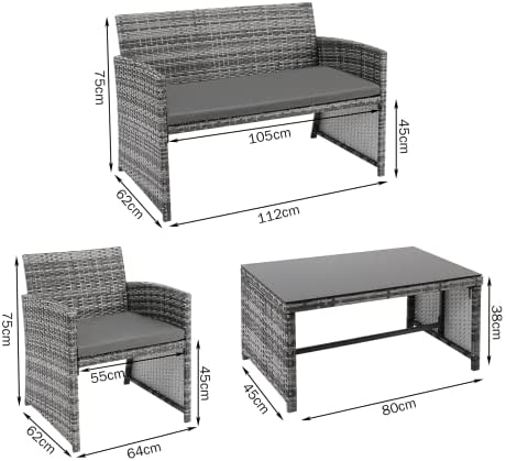 4 PCS Rattan Garden Table and Chairs, Outdoor Patio Furniture Set, with 1 x Double Sofa, 2 x Armchairs, 1 x Coffee Table, For Outdoor Lawn Poolside - Image 4